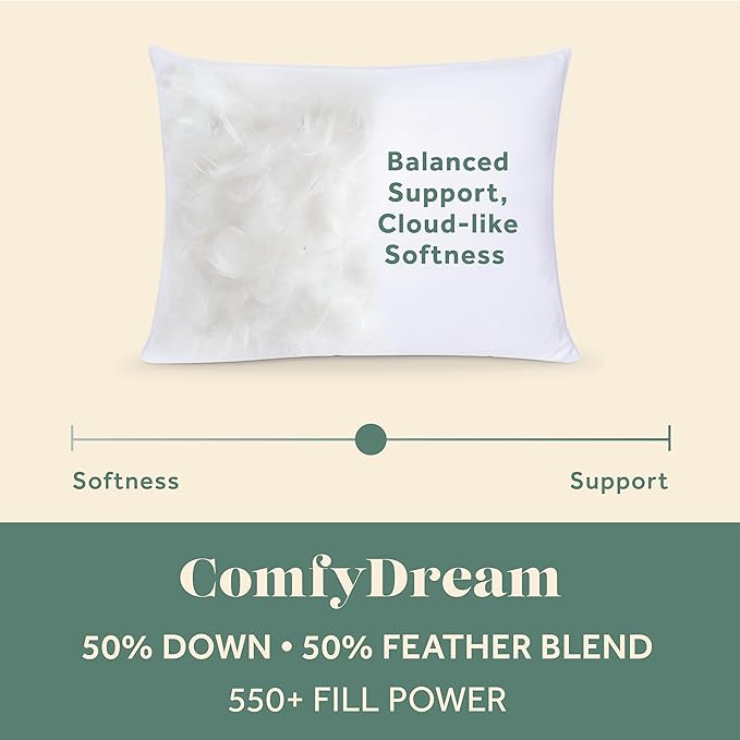 ComfyDown 50/50 Down Feather Blend ComfyDream Bed Pillow for Sleeping, Egyptian Cotton Cover, Made in USA, Queen Size (Queen)
