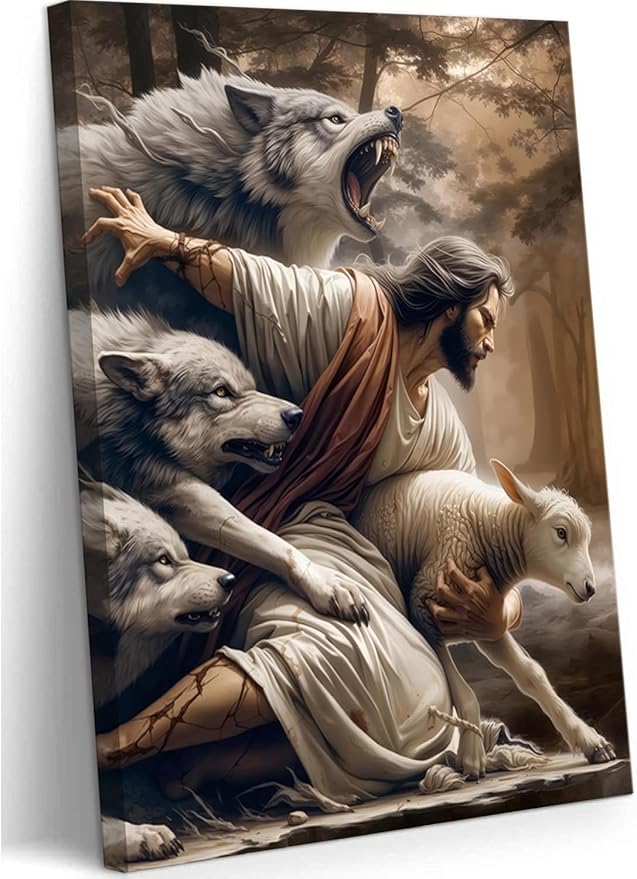 Jesus and Lamb Canvas Wall Art Jesus Saves the Lost Lamb Poster Wall Decor God Protect A sheep From Wolves Print Painting Christian Picture Artwork for Living Room Bedroom Church 12x16in Framed