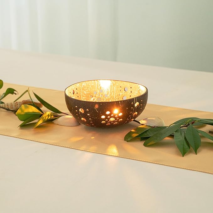Restaurantware-Coco Casa 5.1 x 2 Inch Coconut Shell Candle Holders, 10 Reusable Tealight Holders - Candle Not Included, Sun Pattern, Brown Coconut Bowls For Candles, Handcrafted