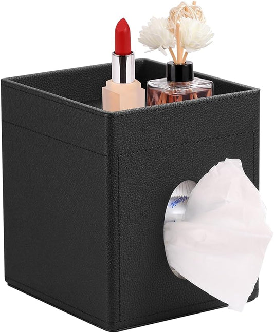LAMOTI Leather Tissue Box Cover with Storage Tray, Square Facial Tissue Box Holder for Bathroom, Office Table, Countertop, Night Stand & More (Black)