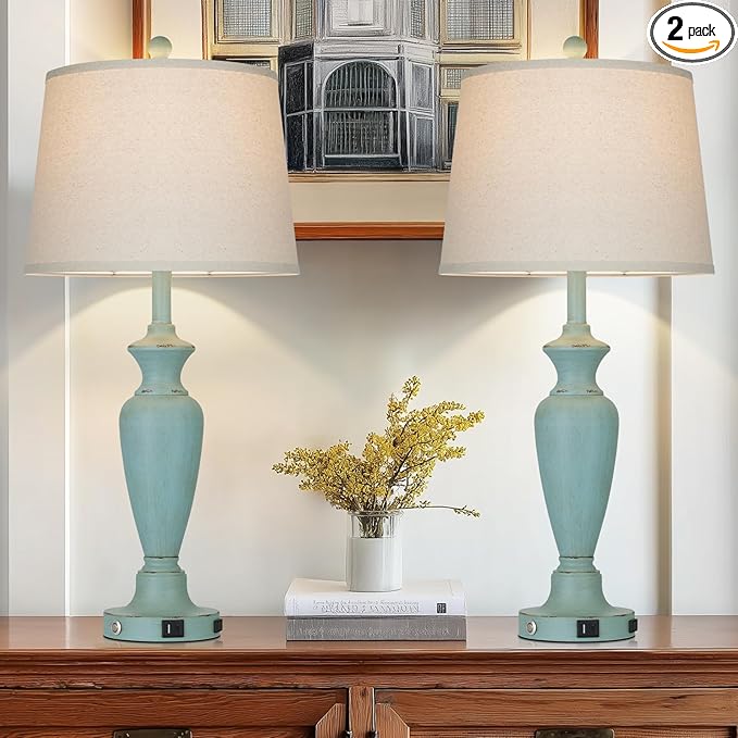 30" Tall Metal Table Lamps Set of 2, Touch Control Bedside Lamps for Bedroom Nightstand, 3-Way Dimmable Farmhouse Lamp for Living Room with Charging Ports, Retro Blue (2 LED Bulbs Included)