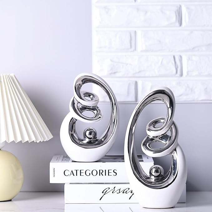 White Silver Ceramic Abstract Sculpture, Modern Accent Decor, Porcelain Statues Art Deco Show Piece for Home, Knick Knacks, TV Stand Centerpieces