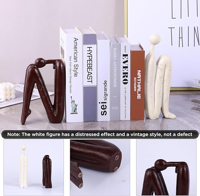 Thinker Statue Decorative Bookends,1 Pair/2 PCS Book Ends for Shelves Unique Modern Book Stopper for Heavy Books, Abstract Aesthetic Decor, Modern Home Bookshelf Decoration (White and Red Brown)