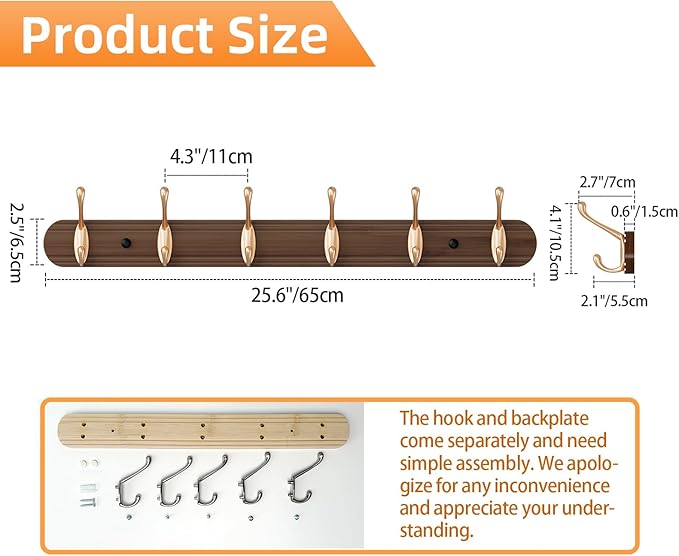 Coat Rack Wall Mount, Bamboo Coat Hanger with 6 Metal Pink Gold Hooks for Hanging Clothes, Towels, Keys, Hats, Bags(Brown)