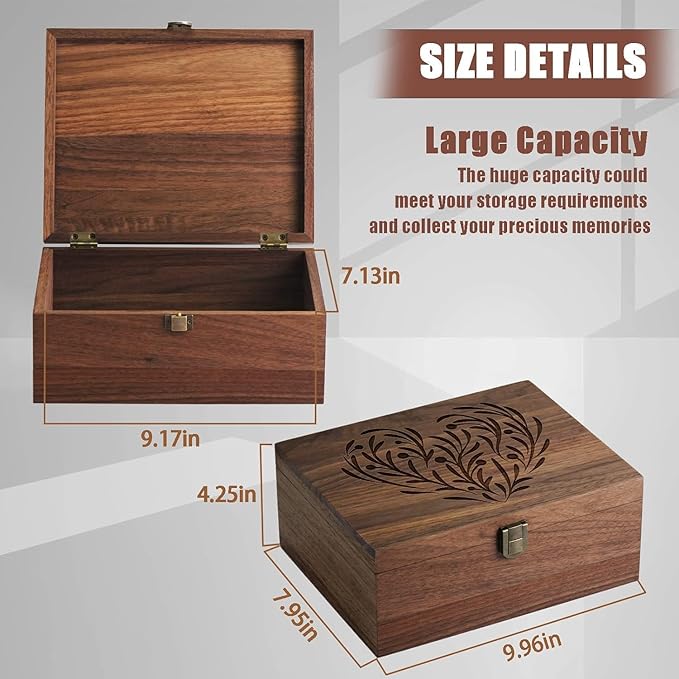 Walnut Wooden Memory Keepsake Box with Hinged Lid and Latch for Precious Items, Decorative Keepsake Box for Memories,Commemorative Gift