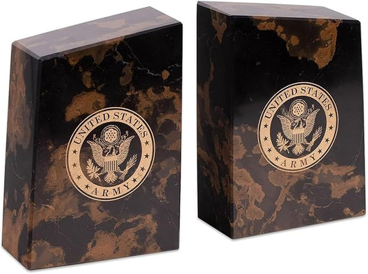 Bey-Berk U.S. Army Seal Tiger Eye Marble Bookends (Set of 2), 4.5" x 2" x 6" Heavy-Duty Military Book Ends, Officially Licensed Desk and Shelf Decor