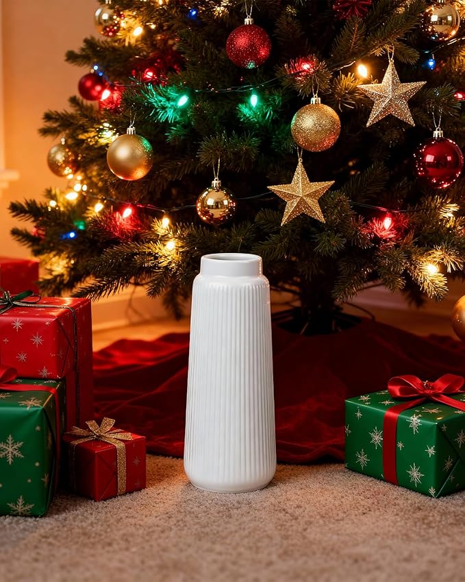 Matte White Ribbed Ceramic Vase – Modern Elegant Flower Vase for Pampas Grass, Fresh or Dried Flowers, Minimalist Farmhouse Home Decor for Living Room, Dining Table, Wedding Centerpiece