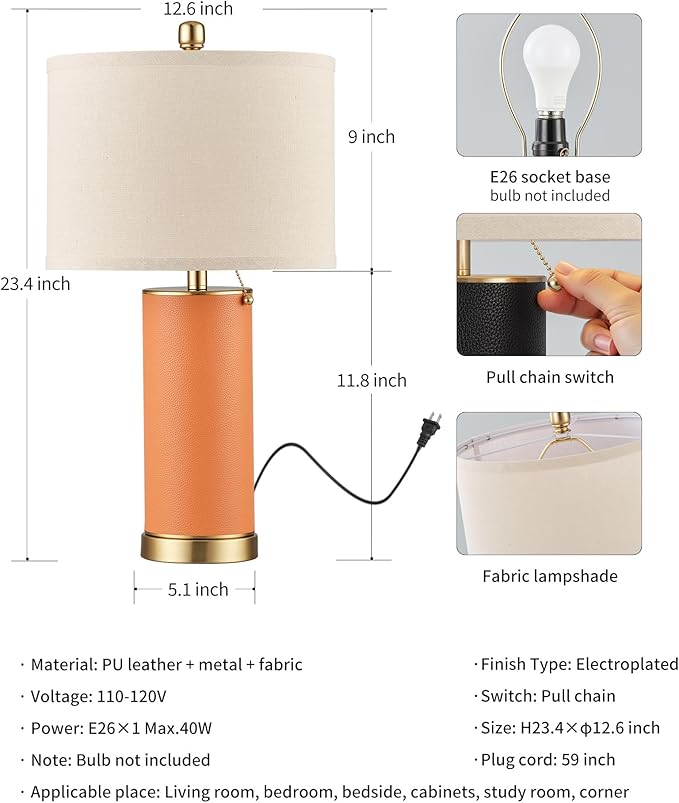 KDG 23.4" Orange PU Leather Table Lamps for Living Room Set of 2, 3 Level Brightness LED Modern Home Decor Fabric Lampshade Desk Lamp Lighitng for Bedroom, Bedside, Farmhouse, Nightstand, Night Light