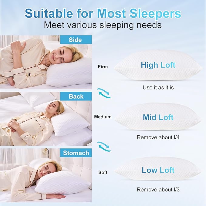 NTCOCO Cooling Bed Pillows King Size Pack of 2 for Sleeping Shredded Memory Foam Bed Pillows Adjustable Gel for Side Stomach Back Sleepers Washable Removable Cover
