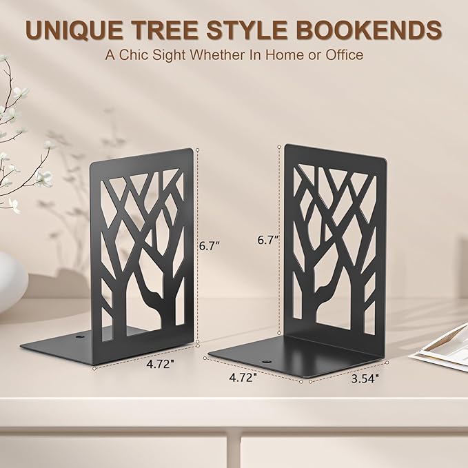 VFINE 8-Piece Metal Bookends for Shelves, Black Tree Book Ends for Books, Decorative Desk Book Organizer, Non-Skid Shelve Bookends for Home Office Shcool Supplies