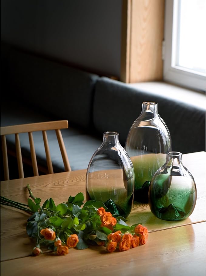 CONVIVA Modern Green Vase Set, Glass Flower vases,Large Decorative Centerpieces Kitchen Island Dining Table Living Sunroom Office Tabletop Set of 3,11"+9"+7" H