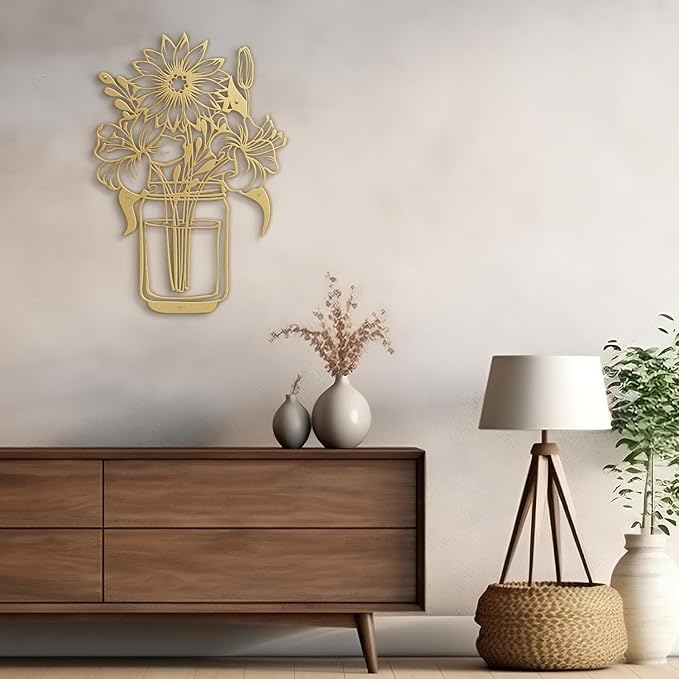 SIGNLEADER Metal Wall Art Decor Flowers in Bottle Minimalist Modern Abstract Wall Sculpture Hangings Home Decoration for Living Room, Bedroom, Bathroom, Kitchen, Outdoor - 18" Gold