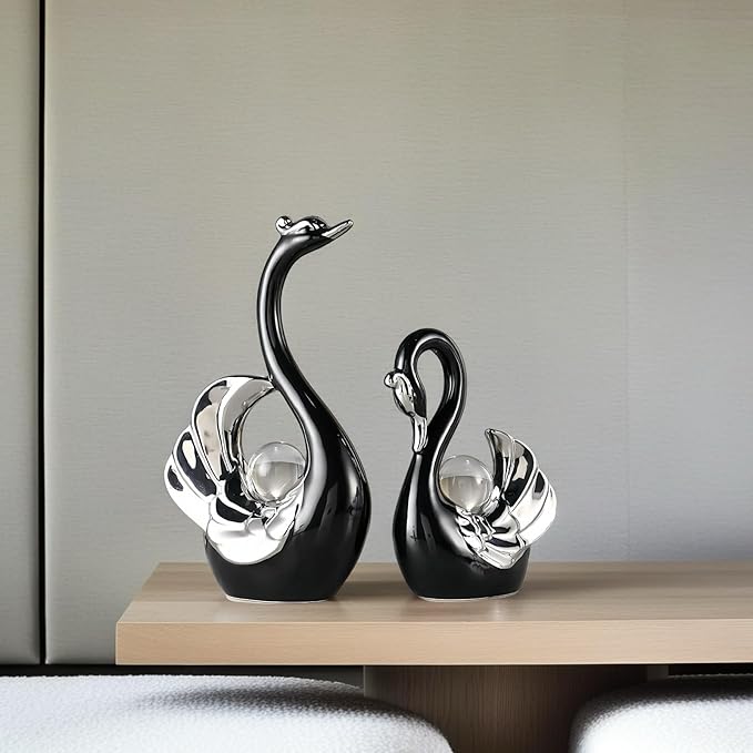 XINDAM A Pair of Swan Figurines Swans Statue with Crystal Ball Model Home Office Display Decorative Craft Living Room Decor (Black)