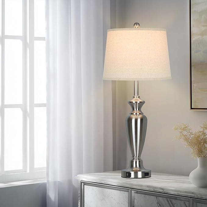30" Tall Silver Table Lamps Set of 2 for Living Room, 3-Way Dimmable Touch Control Bedside Lamps for Bedroom Nightstand with USB A+C Ports & AC Outlet (2 LED Bulbs Included)