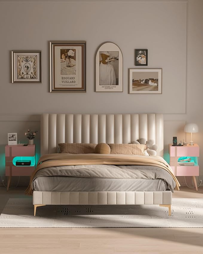 White Nightstand with Charging Station and LED Lights,Modern Bedside Table with 2 Storage Drawer,Night Stand with Solid Wood Legs,White (Pink)