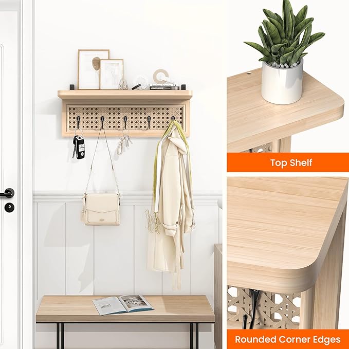 Homode Coat Rack Wall Mount with Shelf, Boho Rattan Entryway Wall Shelf with Hooks, Natural Wood Floating Shelves with 5 Pegs, Hanging Coat Hooks Hat Hanger for Nursery Bedroom Living Room Kitchen