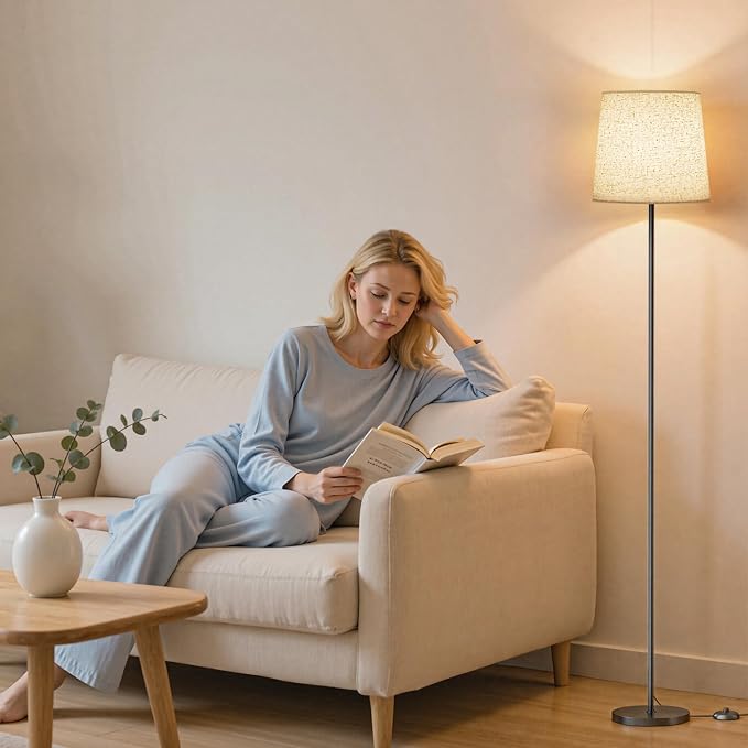 SIBRILLE Floor Lamp with Linen Shade - 62" Dimmable LED Standing Lamp with Remote Control, 9W E26 Bulb Included, 3000-6000K, Modern Floor Reading Light for Bedroom Living Room Office Corner, Black