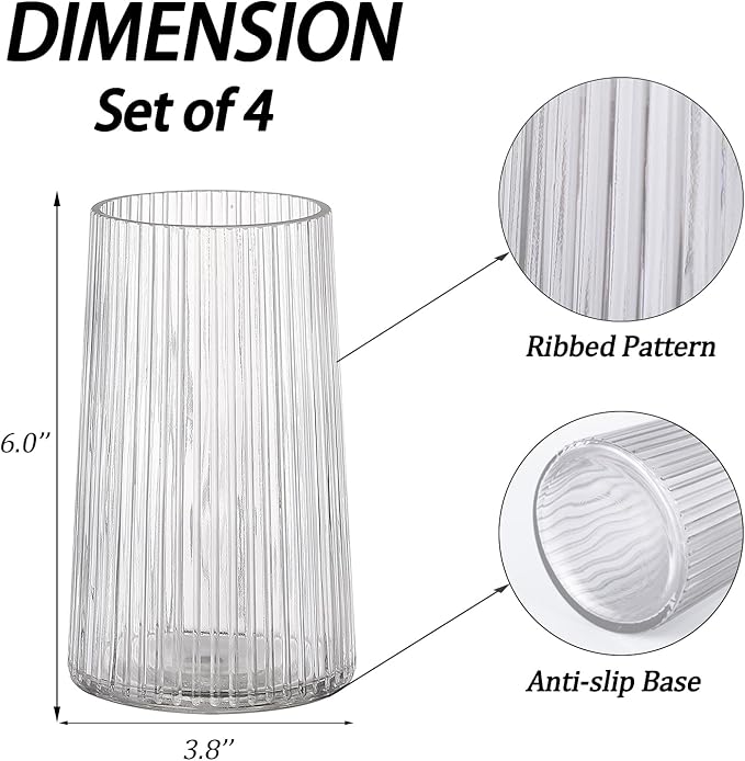 Clear Glass Vases Set of 4, Small Vases for Flowers, Flower Vase for Bouquet, Modern Ribbed Glass Vase for Living Room, Bedroom, Dining Table, Office, Wedding, Centerpieces