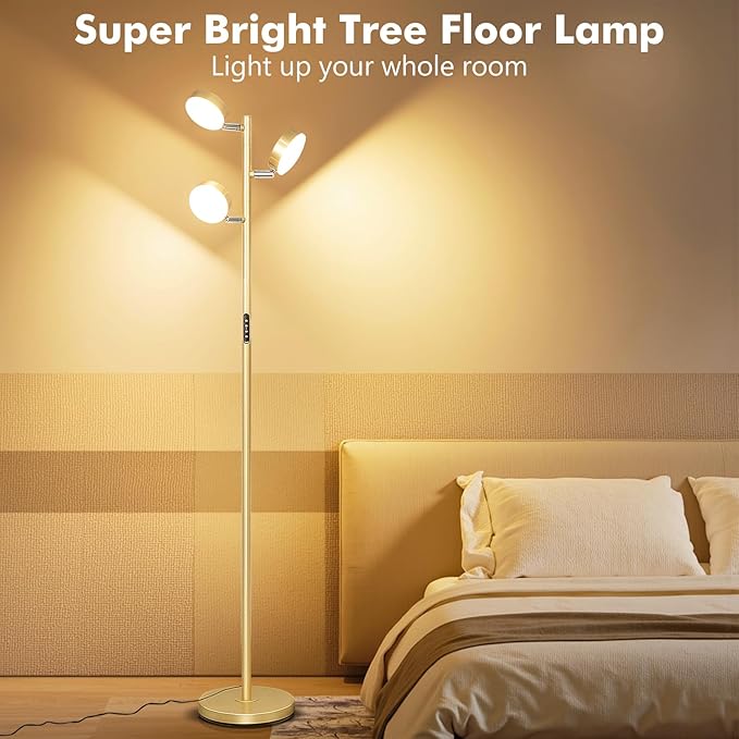 Tree Floor Lamp for Living Room - Modern Glod Standing Lamp, LED Floor Light with Remote & Touch, 3000K-6000K Dimmable for Bedroom Office Reading (3 Head)