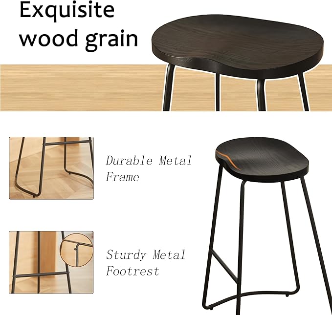 HeuGah Bar Stools Set of 2, 30 Inch Counter Height Wood Bar Stools, Black Saddle Seat Barstool for Kitchen Island, Industrial Bar Height Stool with Metal Leg (Black, 2 PCS 30Inch Barstool)