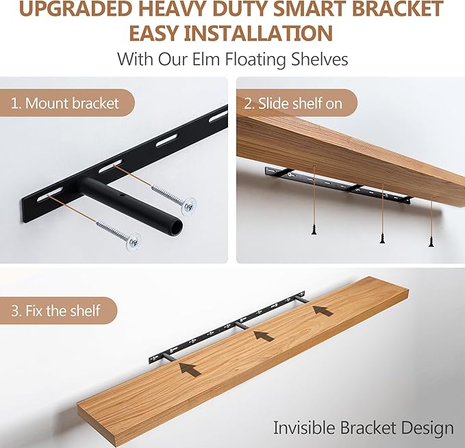 Fun Memories 55 Inch Floating Shelves, USA-Sourced Rustic Elm Wood Floating Shelves Wall Mounted, Wall Shelves with Invisible Bracket for Living Room Bathroom Bedroom Kitchen(Natural, 55"x 8")
