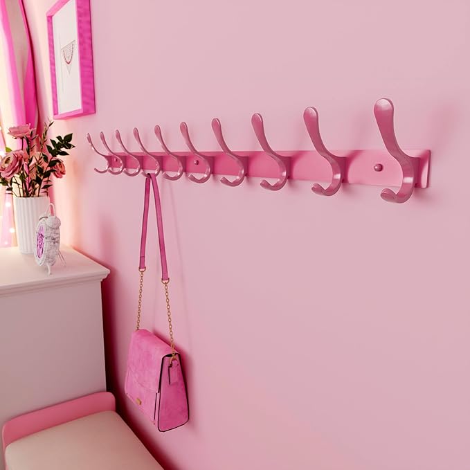 SKOLOO Coat Rack Wall Mounted - 10 Hooks, Heavy Duty, Stainless Steel, Metal Wall Hanger, Sturdy Coat Hooks for Hanging Coats, Jackets, Clothes, Hats - Pink