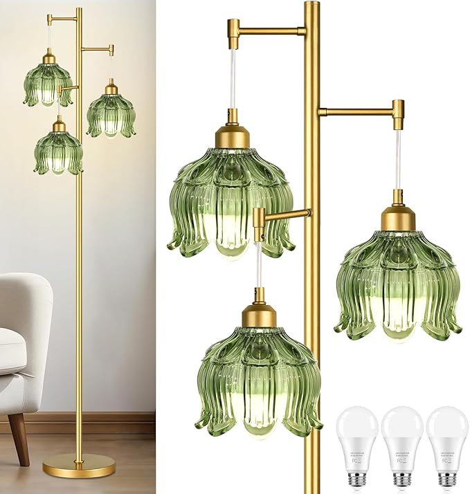 WLQCWL Vintage Floor Lamps for Living Room Bedroom-3 Light Gold Floor Lamp with Glass Lampshape, Flower Green Tall Lamp Mid Century Modern Standing Lamp Tree Floor Lamp for Bedroom Living Room Corner