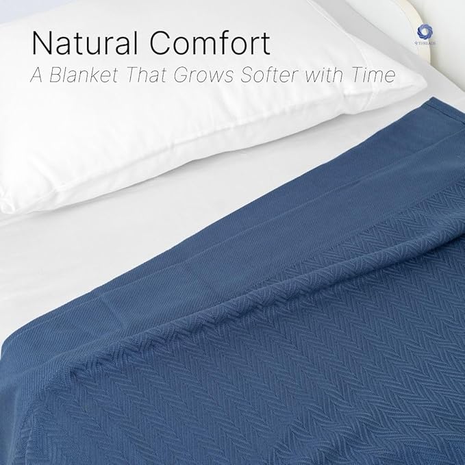 9Threads 100% Cotton Herringbone Weave Blankets, 90"X90" Queen, Throw Blanket for Bed,All Season Cotton Blanket, Cozy Blanket,Throws Bed Blanket, Throw Blanket for Couch,Modern Home Decor -Navy Blue