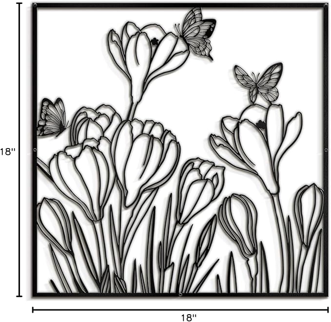 SIGNLEADER Metal Wall Art Decor Butterflies and Wildflowers Minimalist Modern Abstract Wall Sculpture Hangings Home Decoration for Living Room, Bedroom, Bathroom, Kitchen, Outdoor - 18" Black