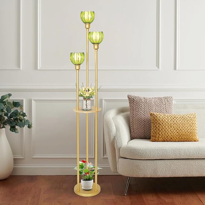 HMVPL MVPL Crystal Floor Lamp with Shelves,Floor Lamps for Living Room (Gold-Green Flower Shade, Glass)