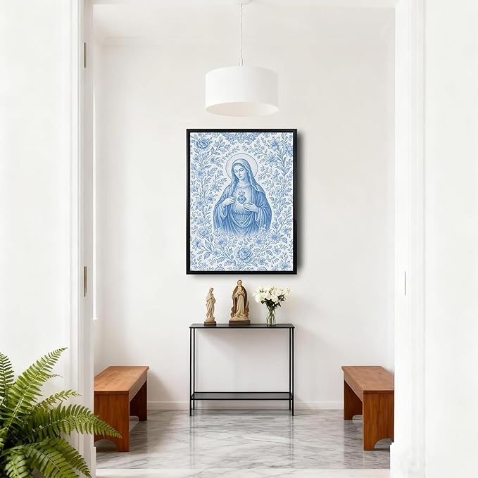 Framed Blue Virgin Mary Immaculate Heart Canvas Wall Art Christian Catholic Wall Decor Our Lady of Guadalupe Portrait Poster Prints Religious Bible Artwork for Living Room Prayer Room Church 16x24in
