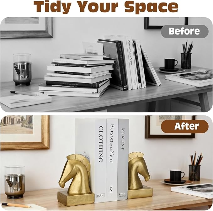 Gold Horse Head Decorative Bookends - Heavy Duty Non-Slip Book Holders, Horse Statue Book Ends for Shelves, Modern Equestrian Ornaments for Home Farmhouse Shelves Office Lover Gift