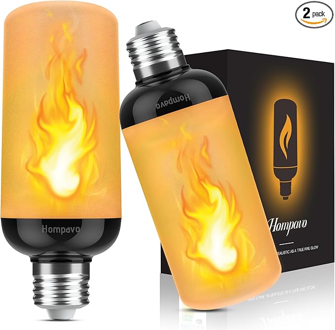 Hompavo Gen2 LED Flame Light Bulbs, Like Real Fire 4-Mode Flickering Light Bulbs with Upside Down Effect, E26 Flame Bulb for Halloween Christmas Party Patio Porch Home Indoor & Outdoor Decorations, 2