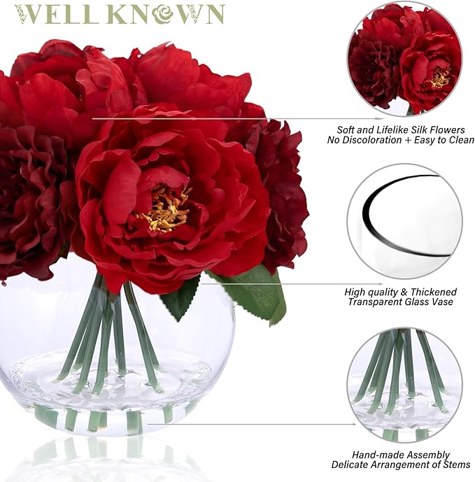 Artificial Flowers in Vase, Silk Burgundy Classical Red Peonies Flowers for Vase with Faux Water, Fake Flower Arrangements for Winter Coffee Christmas Dining Table Centerpieces Decor & Mom's Gift