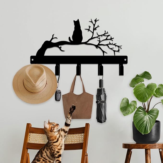 magilab Cat-Themed 10-Inch Iron Key Hooks with 5 Hooks, Black Wall Organizer - Cute Cat Design for Home Decor, No Drill & Screw-in Options (Style J)