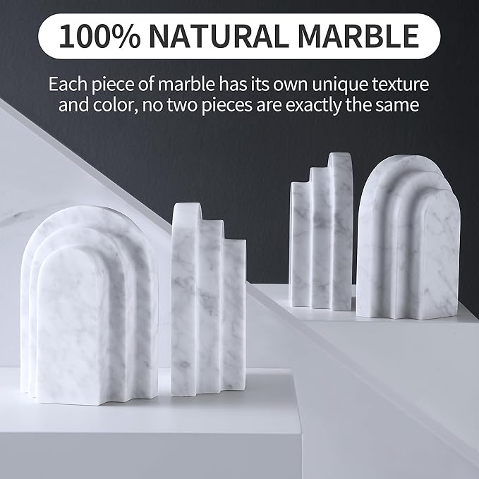 BUICCE Modern Book Ends for Shelves Nature Marble Decorative Bookends Heavy Duty Bookshelf Holder for Office Desk Decoration (White)
