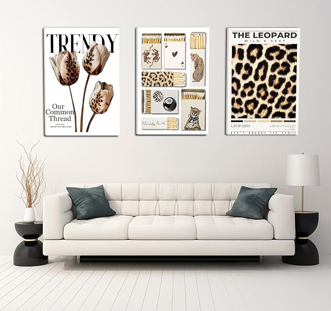 3 Pcs Trendy Leopard Print Wall Art Matchbox Lucky Flower Posters Print Art Leopard Pictures Room Wall Decoration Girl Aesthetics Preppy Style Dorm Decor Suitable for Living Doom Dining Room Bedroom Office Bar Etc
