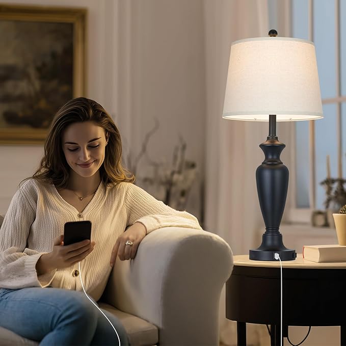 30" Tall Black Table Lamps Set of 2 for Living Room, Touch Control Bedside Lamps for Nightstand, 3-Way Dimmable Bedroom Table Lamp with USB A+C Ports and AC Outlet (2 LED Bulbs Included)