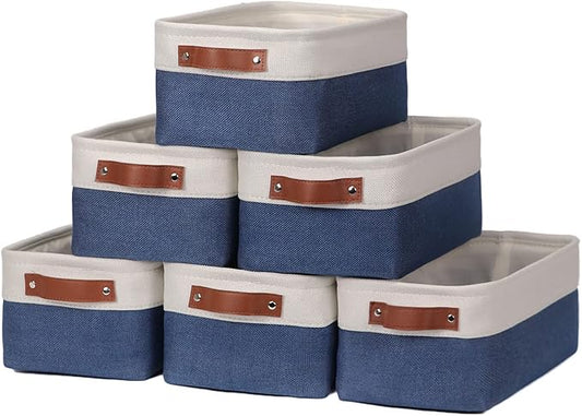 HNZIGE Small Baskets for Storage(6 Pack) Fabric Storage Baskets for Shelves, Foldable Storage Basket for Organizing Closets, Laundry, Nursery, Baskets for Gifts Empty (White&Blue, 11.8" x 7.8" x 5.1")