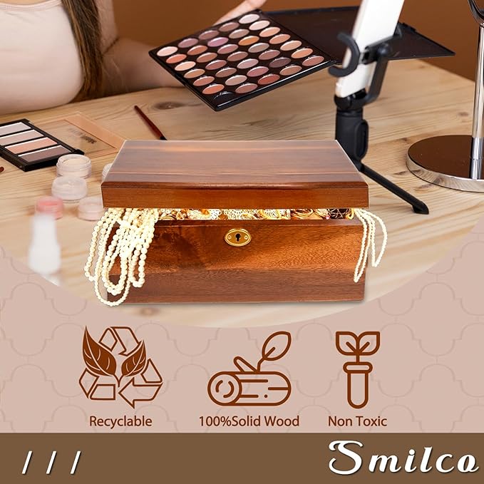 Smilco Wooden Storage Box with Hinged Lid Acacia Wood Hand-Crafted Wooden Box for Recipes Decorative Storage or as Keepsake
