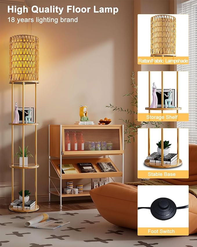 ACOHOOK 61" Rattan Floor Lamp with Shelves, 3-Tier Storage Shelves with 3000K E26 Bulb Included, 35lb Capacity Solid Wood Design, Corner Bookshelf Floor Lamps for Living Room, Bedroom Home Decor-Gold