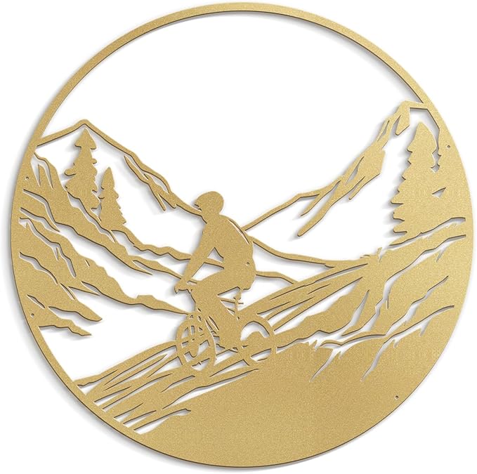 SIGNLEADER Metal Wall Art Decor Mountains, Pine Trees, Cyclists Modern Abstract Wall Sculpture Hangings Home Decoration for Living Room, Bedroom, Bathroom, Kitchen, Outdoor - 18" Gold