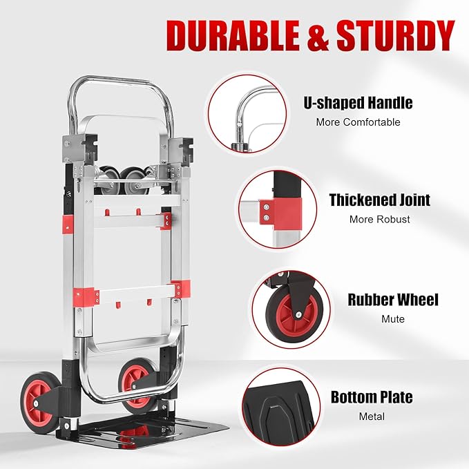 3 in 1 Aluminum Folding Hand Truck Dolly Cart with Wheels 600 Lbs Capacity Collapsible Heavy Duty Convertible Trolley with Retractable Handle for Moving Home Warehouse Office Camping (Red)