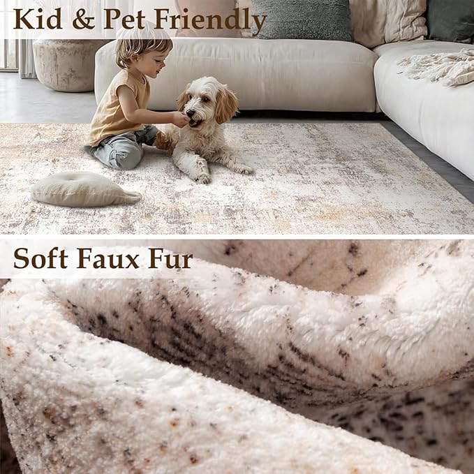 WondRg 5x7 Washable Area Rug Beige Grey Abstract Living Room Bedroom Throw Rug Neutral Modern Non Slip Soft Medium Pile Indoor Carpet for Dining Room Office Entryway