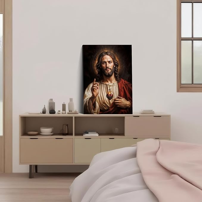 Framed Sacred Heart of Jesus Wall Art, Christian Divine Mercy Paintings Wall Decor, Christ Portrait Pictures Canvas Prints Catholic Religious Home Decor for Church Prayer Room Living Room 16X24 inch