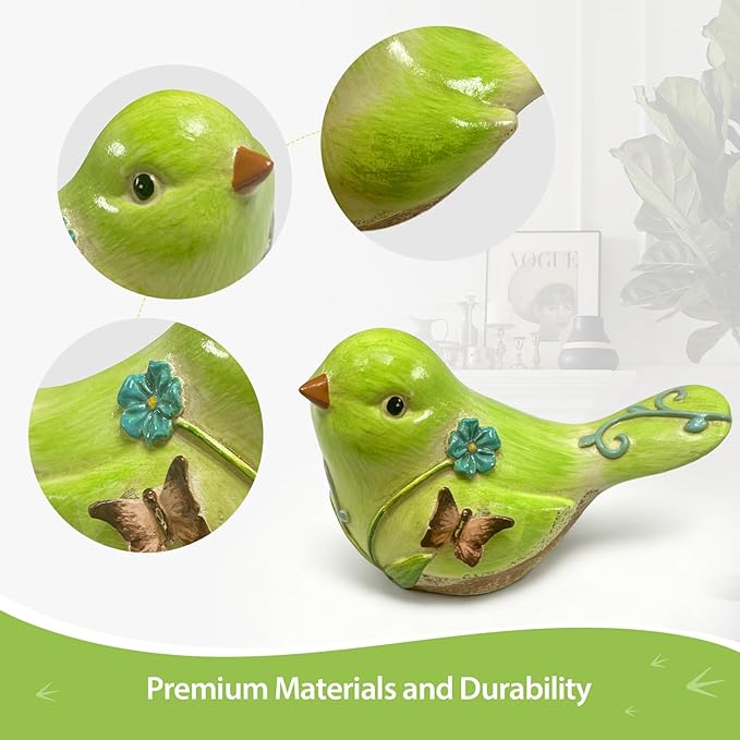 Green Resin Bird Sculpture Home Decor, 4.3 Inch Cute Statues Decorative Objects for Room, Bedroom, Living Room,Office Desk, Book Shelf,Coffee Table,Entryway, Gifts for Bird Lovers
