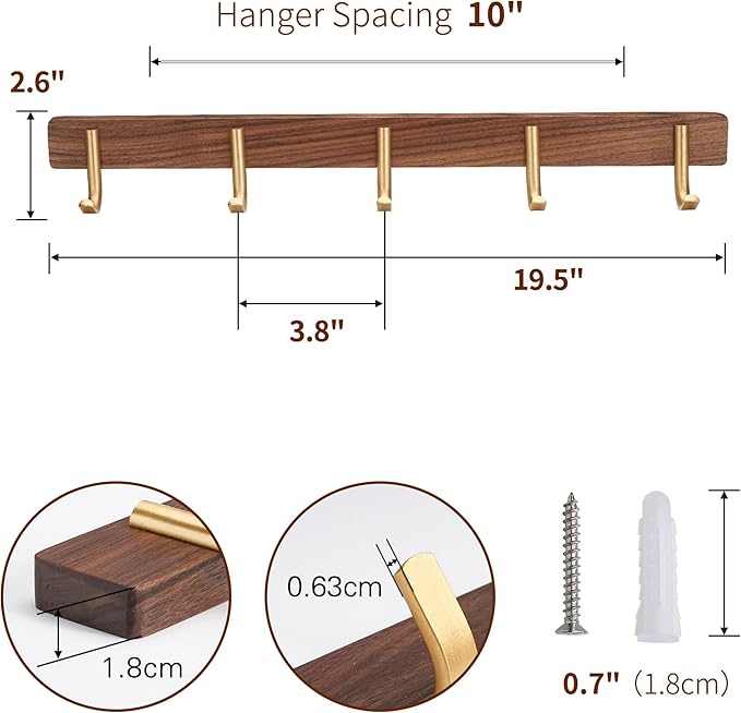 Wall Mounted Coat Rack, Entryway Hanging Rack with Rustic Hooks for Coat, Scarf, Bag, Towel, Key, Cap, Hat - Walnut Gold Matt (5 Hooks - J Shape)