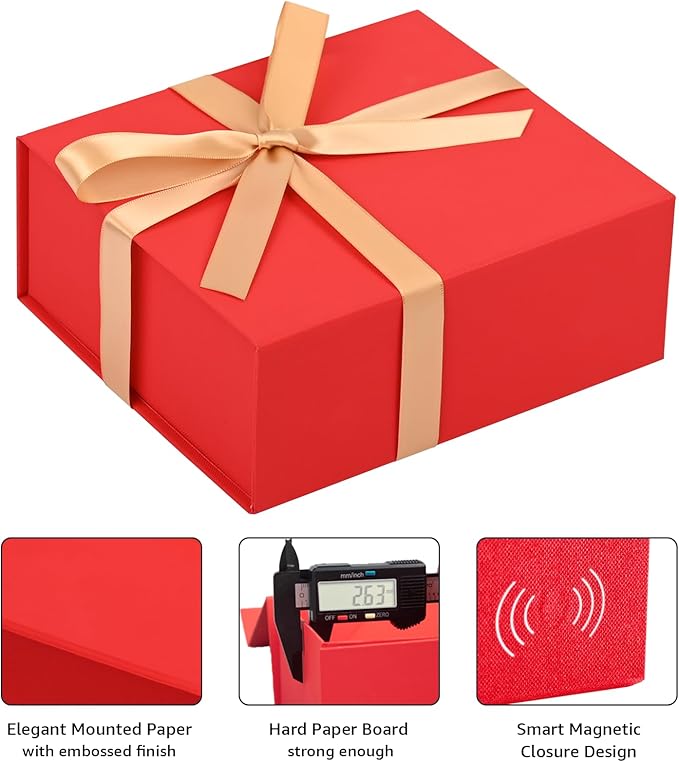 LIFELUM Red Gift Box 8 x 7 x 3 inch, Small Gift Box with lid Magnetic Closure for Presents with Lids Ribbon
