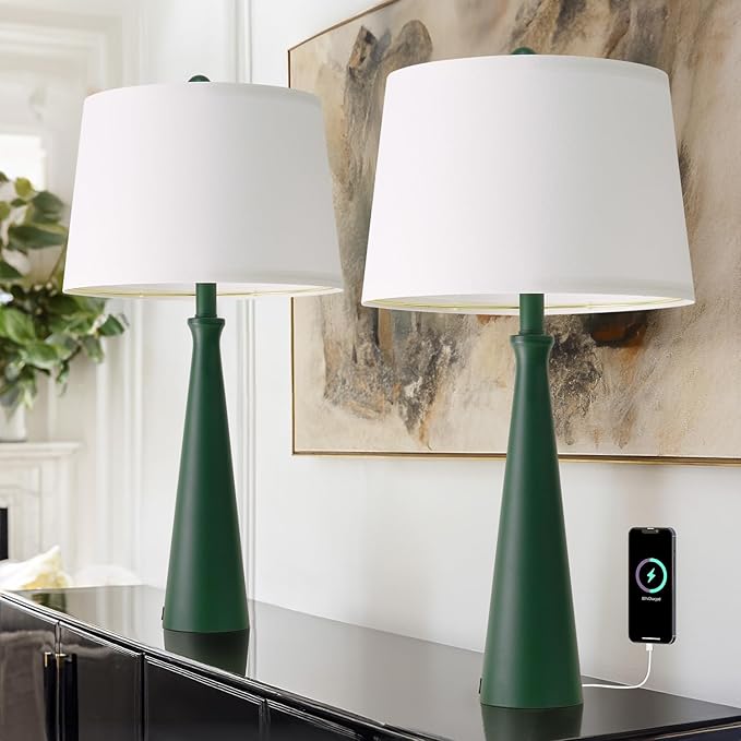 Oneach 25.75" Green Table Lamp Set of 2, Bedside Lamps with USB Ports, Modern Nightstand Lamps Set for Living Room Bedroom House Bedside Home Office Family