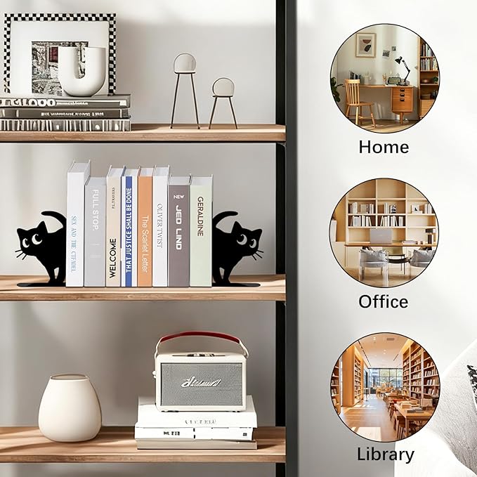 4 Pcs Cat Metal Bookends - Cute Cats Book Ends for Shelves Decorative, Home Office Desk Bookshelf Decor, Gift for Cat Lovers and Reading Enthusiasts, Christmas Reading Gifts for Women